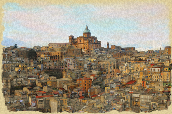 Sicilian hillside town : Digital Paintings : Sue Bloom - Digital Collage and Digital Painting